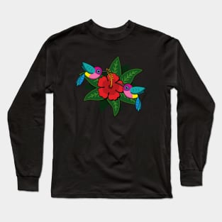 Cute Hummingsbirds on Hibiscus Flower Cartoon Long Sleeve T-Shirt